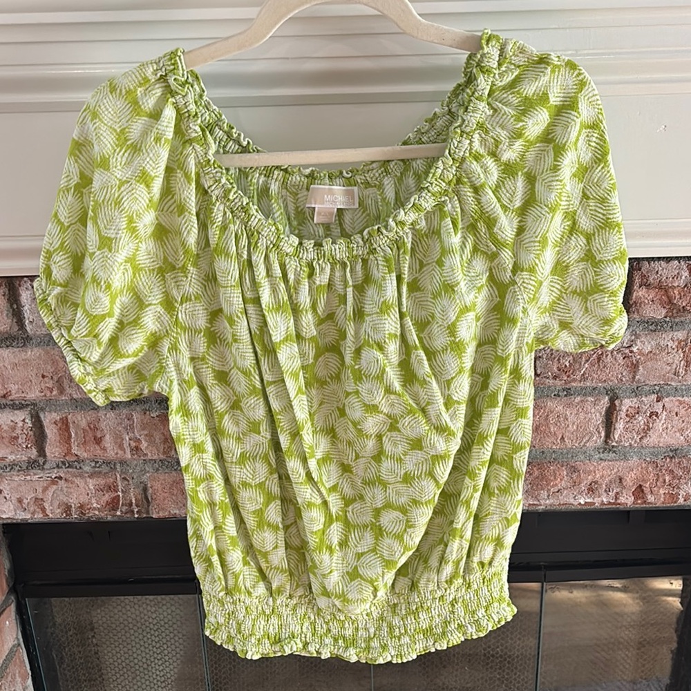 Michael Kors Smocked Green and White Puff Sleeve Blouse sz PL